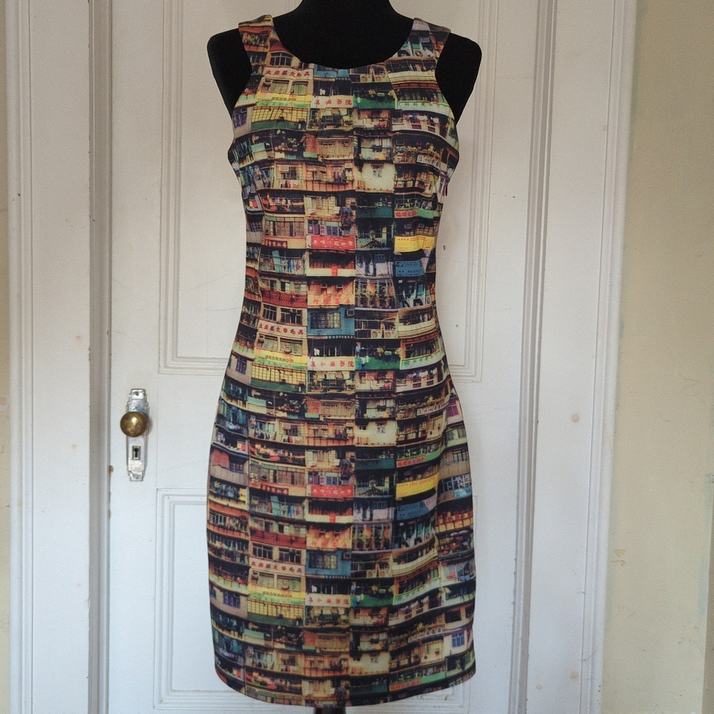 Vibrant Cityscape Print Mini Dress